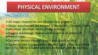 All major inventories are located near airports
Major warehouses are located in Bangalore, Chennai, Delhi,
Hyderabad, Mumbai, Noida, Pune, Kolkata
Biggest Advantage: Nation wide reach to all sellers of
different sizes
Delivery service through e-kart and postal service
Covers all tier-1 (population above 1 Lakh) cities and major
tier-2 (50,000 to 1 Lakh) and tier-3 cities (20,000 to 50,000).
 