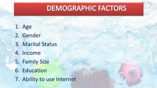 1. Age
2. Gender
3. Marital Status
4. Income
5. Family Size
6. Education
7. Ability to use Internet
 