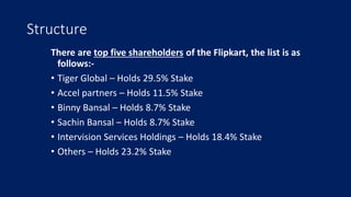 Structure
There are top five shareholders of the Flipkart, the list is as
follows:-
• Tiger Global – Holds 29.5% Stake
• Accel partners – Holds 11.5% Stake
• Binny Bansal – Holds 8.7% Stake
• Sachin Bansal – Holds 8.7% Stake
• Intervision Services Holdings – Holds 18.4% Stake
• Others – Holds 23.2% Stake
 