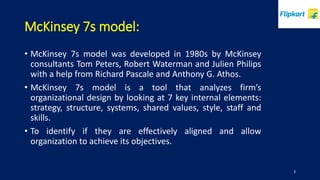 McKinsey 7s model:
• McKinsey 7s model was developed in 1980s by McKinsey
consultants Tom Peters, Robert Waterman and Julien Philips
with a help from Richard Pascale and Anthony G. Athos.
• McKinsey 7s model is a tool that analyzes firm’s
organizational design by looking at 7 key internal elements:
strategy, structure, systems, shared values, style, staff and
skills.
• To identify if they are effectively aligned and allow
organization to achieve its objectives.
3
 