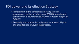 FDI power and its effect on Strategy
• In India most of the companies are facing issue of
government regulations where only 26% FDI was allowed
earlier which is now increased to 100% in recent budget of
FY16-17.
• Externally, the competition is dynamic as Amazon, Flipkart
and Snapdeal are always at loggerheads.
 