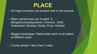 All major inventory are located near to the airports.
 Major warehouses are located in
Bengaluru(headquarters), Chennai , Delhi,
Hyderabad, Mumbai, Noida, Pune, Kolkata
 Biggest advantage- Nationwide reach to all sellers
of different sizes
 Covers all tier-1 tier-2 tier-3 cities.
 