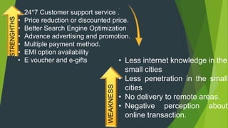 • 24*7 Customer support service .
• Price reduction or discounted price.
• Better Search Engine Optimization
• Advance advertising and promotion.
• Multiple payment method.
• EMI option availability
• E voucher and e-gifts • Less internet knowledge in the
small cities
• Less penetration in the small
cities
• No delivery to remote areas.
• Negative perception about
online transaction.
 