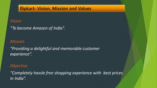 Vision
“To become Amazon of India”.
Mission
“Providing a delightful and memorable customer
experience”.
Objective
“Completely hassle free shopping experience with best prices
in India”.
 