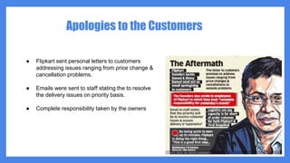 Apologies to the Customers
● Flipkart sent personal letters to customers
addressing issues ranging from price change &
cancellation problems.
● Emails were sent to staff stating the to resolve
the delivery issues on priority basis.
● Complete responsibility taken by the owners
 