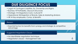 • Legal  Contingent Liabilities, Bs. Ownership and Rights
• Business  Profitability, Discount Structures
• Strategic  Integrations Costs, Cultural Fit
• Operational Integration of Brands, Sales & Marketing divisions
• HR  Key employees, Comp. & Benefits
DUE DILIGENCE FOCUS
• Essential factors for benefits from synergy and strategic & competitive
advantage
Reason
• No identifiable negotiation technique
• Negotiation clause – Management role
Suggested Negotiation Clause
6
 