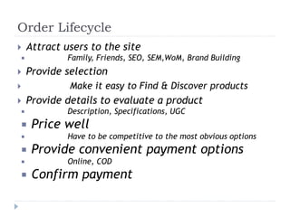 Order Lifecycle 
 Attract users to the site 
 Family, Friends, SEO, SEM,WoM, Brand Building 
 Provide selection 
 Make it easy to Find & Discover products 
 Provide details to evaluate a product 
 Description, Specifications, UGC 
 Price well 
 Have to be competitive to the most obvious options 
 Provide convenient payment options 
 Online, COD 
 Confirm payment 
 
