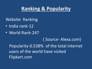 Ranking & Popularity
Website Ranking
• India rank-12
• World Rank-247
( Source- Alexa.com)
Popularity-0.538% of the total internet
users of the world have visited
Flipkart.com
 