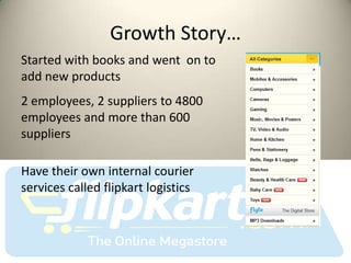 Growth Story…
Started with books and went on to
add new products
2 employees, 2 suppliers to 4800
employees and more than 600
suppliers

Have their own internal courier
services called flipkart logistics
 