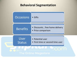 Behavioral Segmentation

      123
Occasions   • Gifts



            • Discounts , free home delivery
Benefits    • Price comparison


  User      • Potential user
 Status     • First time or second time user
 