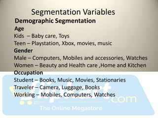 Segmentation Variables
Demographic Segmentation
Age
Kids – Baby care, Toys
Teen – Playstation, Xbox, movies, music
Gender
Male – Computers, Mobiles and accessories, Watches
Women – Beauty and Health care ,Home and Kitchen
Occupation
Student – Books, Music, Movies, Stationaries
Traveler – Camera, Luggage, Books
Working – Mobiles, Computers, Watches
 