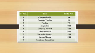 S. No. Title Slide No.
1 Company Profile 3-4
2 Company Timeline 5-6
3 Funding 7-9
4 Acquisition 10-11
5 Company Product 12-13
6 Order Lifecycle 14-16
7 Marketing Strategy 17-18
8 Success Mantra 19-21
9 Award and Recognition
 