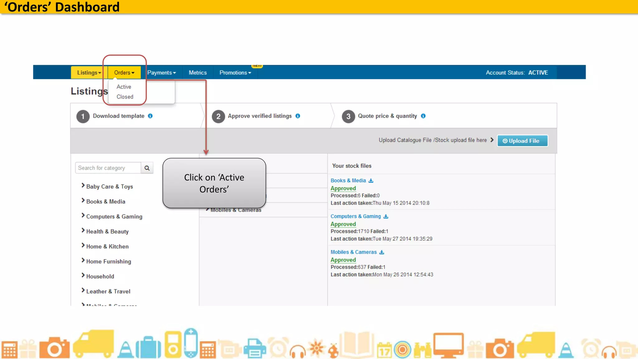 ‘Orders’ Dashboard
Click on ‘Active
Orders’
 