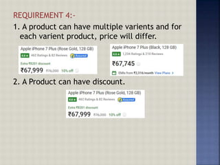 REQUIREMENT 4:-
1. A product can have multiple varients and for
each varient product, price will differ.
2. A Product can have discount.
 