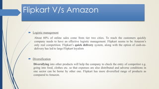  Logistic management
About 60% of online sales come from tier two cities. To reach the customers quickly
company needs to have an effective logistic management. Flipkart seems to be Amazon’s
only real competition. Flipkart’s quick delivery system, along with the option of cash-on-
delivery has led to large Flipkart loyalists
 Diversification
Diversifying into other products will help the company to check the entry of competitor e.g.
going into food, clothes etc. so that expenses are also distributed and adverse conditions in
one sector can be borne by other one. Flipkart has more diversified range of products as
compared to Amazon.
Flipkart V/s Amazon
 