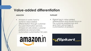 Value-added differentiation
AMAZON
 Amazon.in works hard to
achieve value-added
differentiation through customer-
focused information services.
Amazon.in's site retains customer
preferences and provides
automated customization for users
FLIPKART
 Flipkart lag in value added
differentiation and should focus on
the customer preferences and
give them advantage of
customization of product.
 