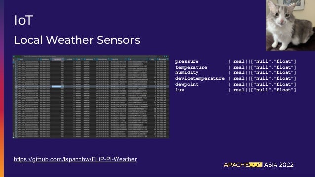 Local Weather Sensors
IoT
https://github.com/tspannhw/FLiP-Pi-Weather
pressure | real||["null","float"]
temperature | real||["null","float"]
humidity | real||["null","float"]
devicetemperature | real||["null","float"]
dewpoint | real||["null","float"]
lux | real||["null","float"]
 