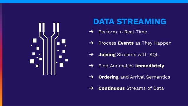 ➔ Perform in Real-Time
➔ Process Events as They Happen
➔ Joining Streams with SQL
➔ Find Anomalies Immediately
➔ Ordering and Arrival Semantics
➔ Continuous Streams of Data
DATA STREAMING
 