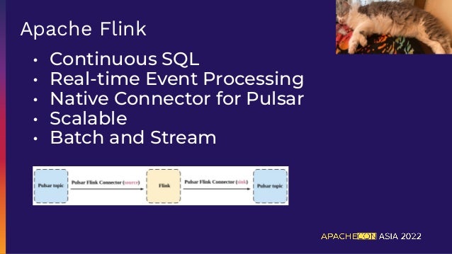 • Continuous SQL
• Real-time Event Processing
• Native Connector for Pulsar
• Scalable
• Batch and Stream
Apache Flink
 