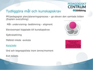 Tydliggöra mål och kunskapskrav
PP/pedagogisk plan/planeringsprocess – ge eleven den samlade bilden
(Explain everything)

Mål- undervisning- bedömning - aligment

Elevexempel kopplade till kunskapskrav

Självskattning

Målbild inleda -avsluta                                Fastna inte i LPP och
                                                             matristräsket!
                                                      Det är hur ni använder era
Kurs/wiki                                          LPP:er/pedagogiska planeringar
                                                    och matriser som gör skillnad!


Ord och begreppslista inom ämne/moment

Exit tickets
 