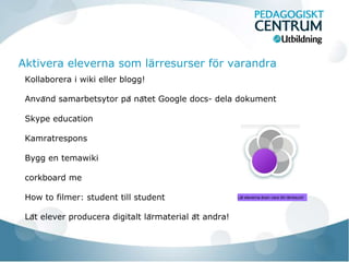 Aktivera eleverna som lärresurser för varandra
 Kollaborera i wiki eller blogg!

 Använd samarbetsytor på nätet Google docs- dela dokument

 Skype education

 Kamratrespons

 Bygg en temawiki

 corkboard me

 How to filmer: student till student                      Låt eleverna även vara din lärresurs!




 Låt elever producera digitalt lärmaterial åt andra!
 