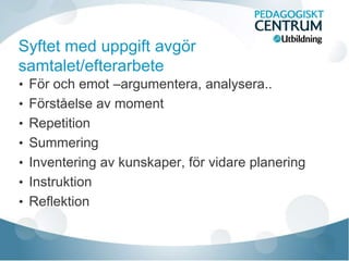 Syftet med uppgift avgör
samtalet/efterarbete
• För och emot –argumentera, analysera..
• Förståelse av moment
• Repetition
• Summering
• Inventering av kunskaper, för vidare planering
• Instruktion
• Reflektion
 