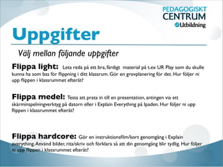Uppgifter
Flippa light: Leta reda på ett bra, färdigt material på t.ex UR Play som du skulle
kunna ha som bas för ﬂippning i ditt klassrum. Gör en grovplanering för det. Hur följer ni
upp ﬂippen i klassrummet efteråt?

Flippa medel: Testa att prata in till en presentation, antingen via ett
skärminspelningverktyg på datorn eller i Explain Everything på Ipaden. Hur följer ni upp
ﬂippen i klassrummet efteråt?



Flippa hardcore: Gör en instruktionsﬁlm/kort genomgång i Explain
everything.Använd bilder, rita/skriv och förklara så att din genomgång blir tydlig. Hur följer
ni upp ﬂippen i klassrummet efteråt?
Välj mellan följande uppgifter
 