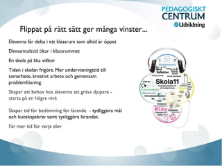 Eleverna får delta i ett klassrum som alltid är öppet
Elevsamtalstid ökar i klassrummet
En skola på lika villkor
Tiden i skolan frigörs. Mer undervisningstid till
samarbete, kreativt arbete och gemensam
problemlösning.
Skapar ett behov hos eleverna att gräva djupare -
starta på en högre nivå
Skapar tid för bedömning för lärande - tydliggöra mål
och kunskapskrav samt synliggöra lärandet.
Får mer tid för varje elev
Flippat på rätt sätt ger många vinster...
 