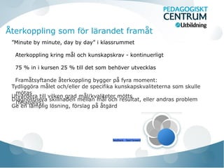 Återkoppling som för lärandet framåt
”Minute by minute, day by day” i klassrummet
Aterkoppling kring mål och kunskapskrav - kontinuerligt̊
75 % in i kursen 25 % till det som behöver utvecklas
Framåtsyftande återkoppling bygger på fyra moment:
Tydliggöra målet och/eller de specifika kunskapskvaliteterna som skulle
mötas
Utvärdera till vilken grad mål/kvaliteter mötts
Diagnostisera skillnaden mellan mål och resultat, eller andras problem
(felanalys)
Ge en lämplig lösning, förslag på åtgärd
feedback - feed forward
 