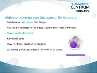 Aktivera eleverna som lärresurser för varandra
Kollaborera i wikispace eller blogg!
Anvand samarbetsytor pa natet Google docs- dela dokumenẗ ̊ ̈
Skype in the classroom
Kamratrespons
How to filmer: student till student
Lat elever producera digitalt larmaterial at andra!̊ ̈ ̊
Låt eleverna även vara din lärresurs!
 