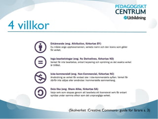 4 villkor
(Skolverket :Creative Commons- guide för lärare s. 3)
 