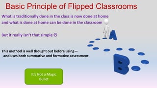 Basic Principle of Flipped Classrooms
What is traditionally done in the class is now done at home
and what is done at home can be done in the classroom
But it really isn’t that simple 
This method is well thought out before using—
and uses both summative and formative assessment
It’s Not a Magic
Bullet
 