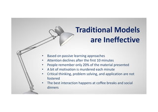 Traditional Models
are Ineffective
• Based on passive learning approaches
• Attention declines after the first 10 minutes
• People remember only 20% of the material presented
• A bit of motivation is murdered each minute
• Critical thinking, problem solving, and application are not
fostered
• The best interaction happens at coffee breaks and social
dinners
 