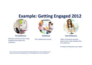Example: Getting Engaged 2012
Keynotes and lectures were made
available online before the
conference
Rich collaborative sessions Videos of questions posed to
experts were made available after
the conference.
A network of educators was crated.
Pre Conference Conference Post Conference
http://innovationunit.org/sites/default/files/Engaging%20Schools-conference%20flier_0.pdf
http://www.eventbrite.com/e/getting-your-school-engaged-london-tickets-3000148525
 