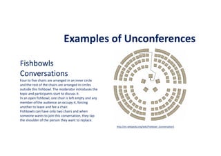 Examples of Unconferences
Fishbowls
Conversations
Four to five chairs are arranged in an inner circle
and the rest of the chairs are arranged in circles
outside this fishbowl. The moderator introduces the
topic and participants start to discuss it.
In an open fishbowl, one chair is left empty and any
member of the audience an occupy it, forcing
another to leave and fee a chair.
Fishbowls can have only two chairs and when
someone wants to join this conversation, they tap
the shoulder of the person they want to replace.
http://en.wikipedia.org/wiki/Fishbowl_(conversation)
 