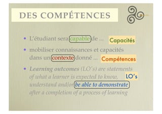 DES COMPÉTENCES
• L’étudiant sera capable de ...
• mobiliser connaissances et capacités
dans un contexte donné ...
• Learn...