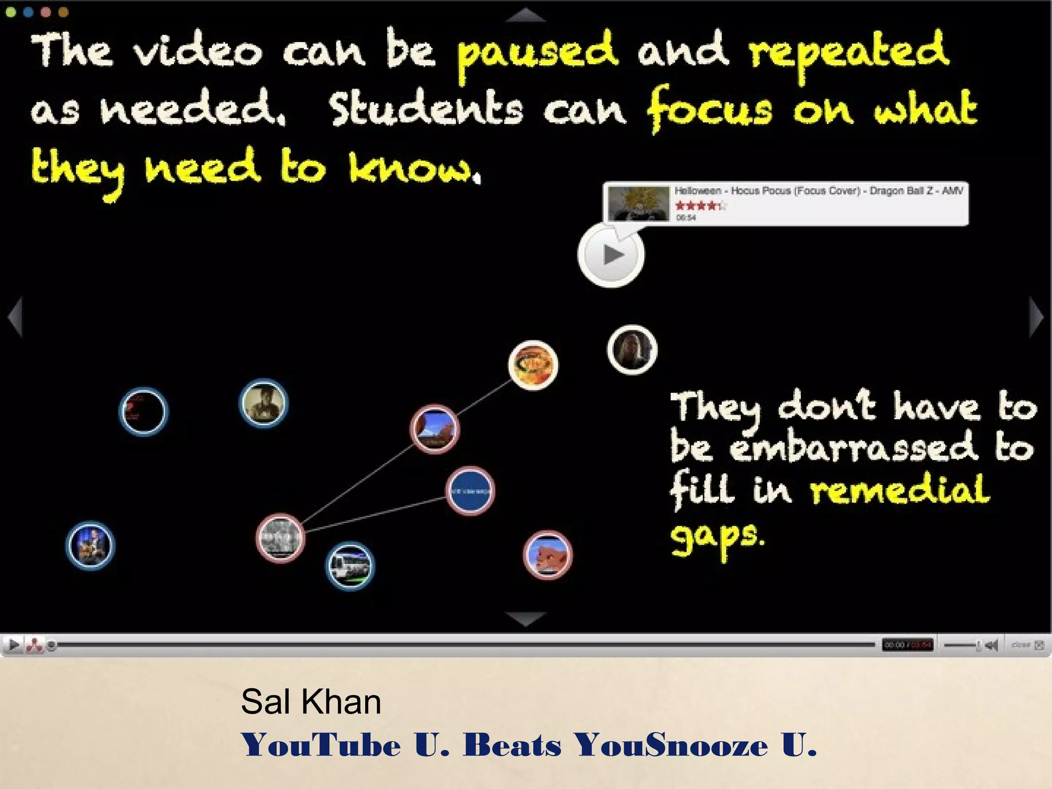 The video can be paused and repeated as
needed.  Students can focus on what they need
to know.




                              They don’t have to be
                              embarrassed to fill in
                              remedial gaps.

                                    Sal Khan

         Sal Khan
         YouTube U. Beats YouSnooze U.
 