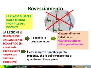 Rovesciamento
LA CLASSE SI LIBERA
DALLA LEZIONE
FRONTALE DEL
DOCENTE
LA LEZIONE È
FRUITA FUORI
DALL’AMBIENTE
SCOLASTICO (Es.
a casa o da
qualsiasi altro
luogo e con
qualsiasi
dispositivo)
Il docente la
predispone per:
•l’apprendimento
individuale;
•l’autovalutazione
dell’apprendimento
È così sempre disponibile per lo
studente, che la può rivedere fino a
quando non l’ha appresa.
 