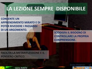 LA LEZIONE SEMPRE DISPONIBILE
CONSENTE UN
APPRENDIMENTO MIRATO E DI
POTER RIVEDERE I PASSAGGI
DI UN ARGOMENTO.
SODDISFA IL BISOGNO DI
CONTROLLARE LA PROPRIA
COMPRENSIONE.
FACILITA LA METARIFLESSIONE E IL
PENSIERO CRITICO.
 