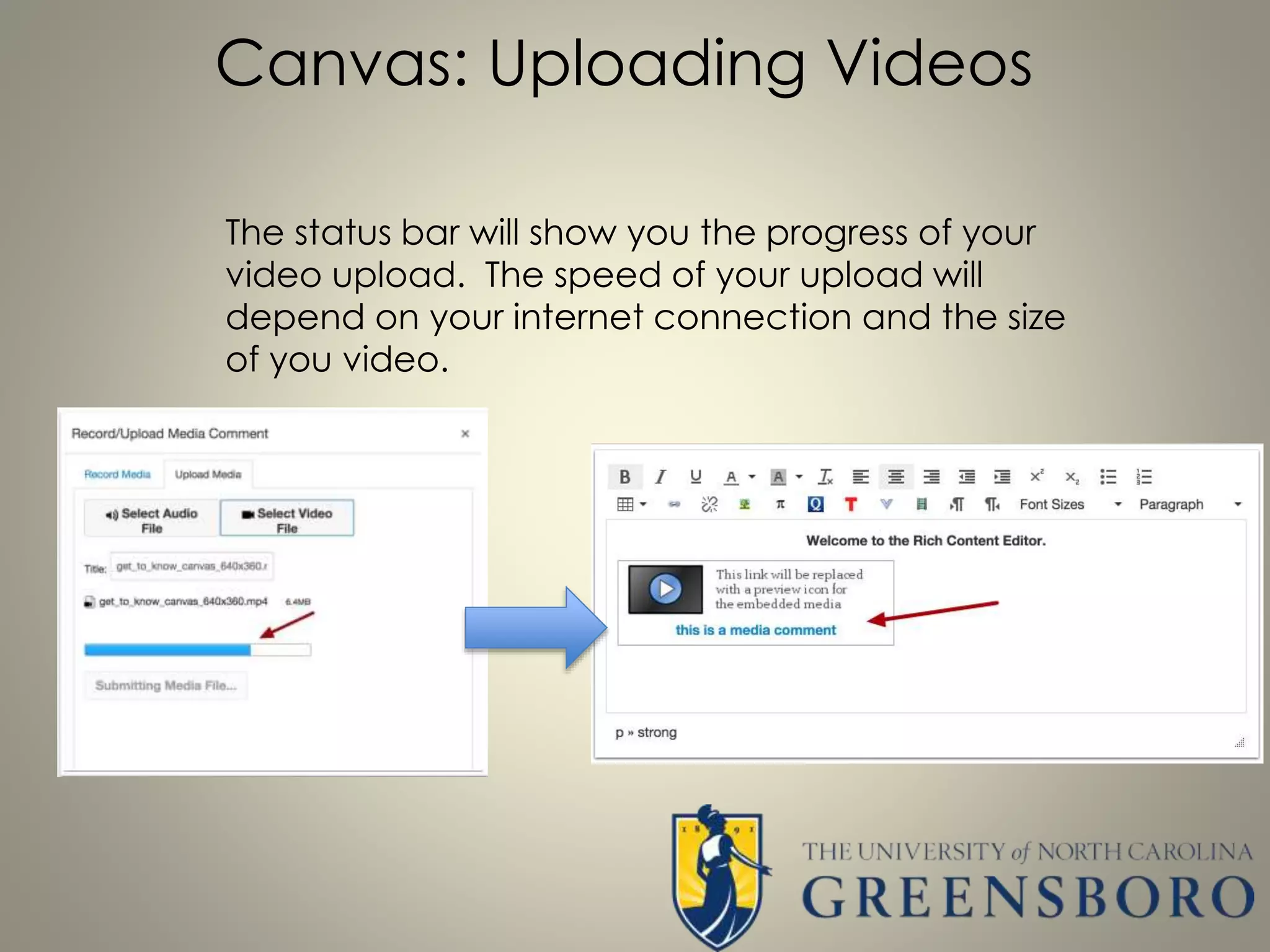 Canvas: Uploading Videos
The status bar will show you the progress of your
video upload. The speed of your upload will
depend on your internet connection and the size
of you video.
 
