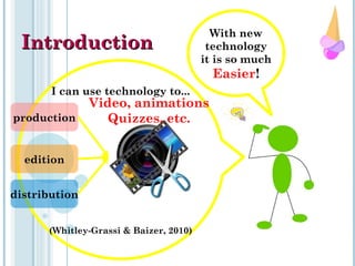 IntroductionIntroduction
I can use technology to...
(Whitley-Grassi & Baizer, 2010)
production
edition
distribution
Video, animations
Quizzes, etc.
With new
technology
it is so much
Easier!
 