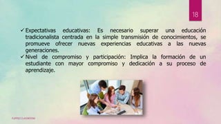 FLIPPED CLASSROOM
18
 Expectativas educativas: Es necesario superar una educación
tradicionalista centrada en la simple transmisión de conocimientos, se
promueve ofrecer nuevas experiencias educativas a las nuevas
generaciones.
 Nivel de compromiso y participación: Implica la formación de un
estudiante con mayor compromiso y dedicación a su proceso de
aprendizaje.
 