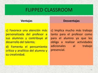 FLIPPED CLASSROOM
Ventajas
c) Favorece una atención más
personalizada del profesor a
sus alumnos y contribuye al
desarrollo del talento;
d) Fomenta el pensamiento
crítico y analítico del alumno y
su creatividad.
Desventajas
c) Implica mucho más trabajo
tanto para el profesor como
para el alumno ya que les
obliga a realizar actividades
adicionales al trabajo
presencial.
18
 