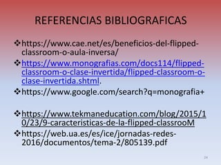 REFERENCIAS BIBLIOGRAFICAS
https://www.cae.net/es/beneficios-del-flipped-
classroom-o-aula-inversa/
https://www.monografias.com/docs114/flipped-
classroom-o-clase-invertida/flipped-classroom-o-
clase-invertida.shtml.
https://www.google.com/search?q=monografia+
https://www.tekmaneducation.com/blog/2015/1
0/23/9-caracteristicas-de-la-flipped-classrooM
https://web.ua.es/es/ice/jornadas-redes-
2016/documentos/tema-2/805139.pdf
24
 