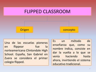 FLIPPED CLASSROOM
Origen concepto
Una de las escuelas pioneras
en flippear fue la
norteamericana Clintondale High
School. España, San Gabriel en
Zuera se considera el primer
colegio flipped.
Es un método de
enseñanza que, como su
nombre indica, consiste en
dar la vuelta a lo que se
venía haciendo hasta
ahora, invirtiendo el sistema
educativo tradicional.
7
 