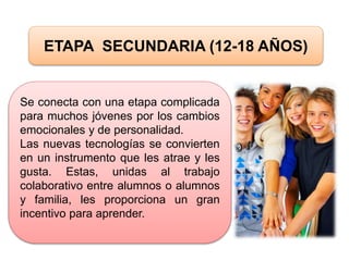 ETAPA SECUNDARIA (12-18 AÑOS)
Se conecta con una etapa complicada
para muchos jóvenes por los cambios
emocionales y de personalidad.
Las nuevas tecnologías se convierten
en un instrumento que les atrae y les
gusta. Estas, unidas al trabajo
colaborativo entre alumnos o alumnos
y familia, les proporciona un gran
incentivo para aprender.
 