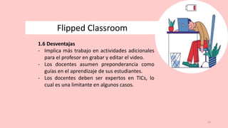 10
Flipped Classroom
1.6 Desventajas
- Implica más trabajo en actividades adicionales
para el profesor en grabar y editar el video.
- Los docentes asumen preponderancia como
guías en el aprendizaje de sus estudiantes.
- Los docentes deben ser expertos en TICs, lo
cual es una limitante en algunos casos.
 