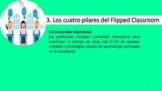 21
3. Los cuatro pilares del Flipped Classroom
3.3 Contenido Intencional
Los profesores emplean contenido intencional para
maximizar el tiempo de clase con el fin de adoptar
métodos y estrategias activas de aprendizaje centrados
en el estudiante.
 