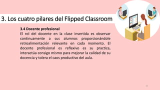 22
3. Los cuatro pilares del Flipped Classroom
3.4 Docente profesional
El rol del docente en la clase invertida es observar
continuamente a sus alumnos proporcionándole
retroalimentación relevante en cada momento. El
docente profesional es reflexivo es su practica,
interactúa consigo mismo para mejorar la calidad de su
docencia y tolera el caos productivo del aula.
 