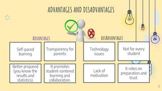 10
ADVANTAGES AND DISADVANTAGES
Self-paced
learning
Transparency for
parents
Better prepared
(you know the
results and
statistics).
It promotes
student-centered
learning and
collaboration.
Technology
issues
Not for every
student
Lack of
motivation
It relies on
preparation and
trust.
Advantages disAdvantages
 